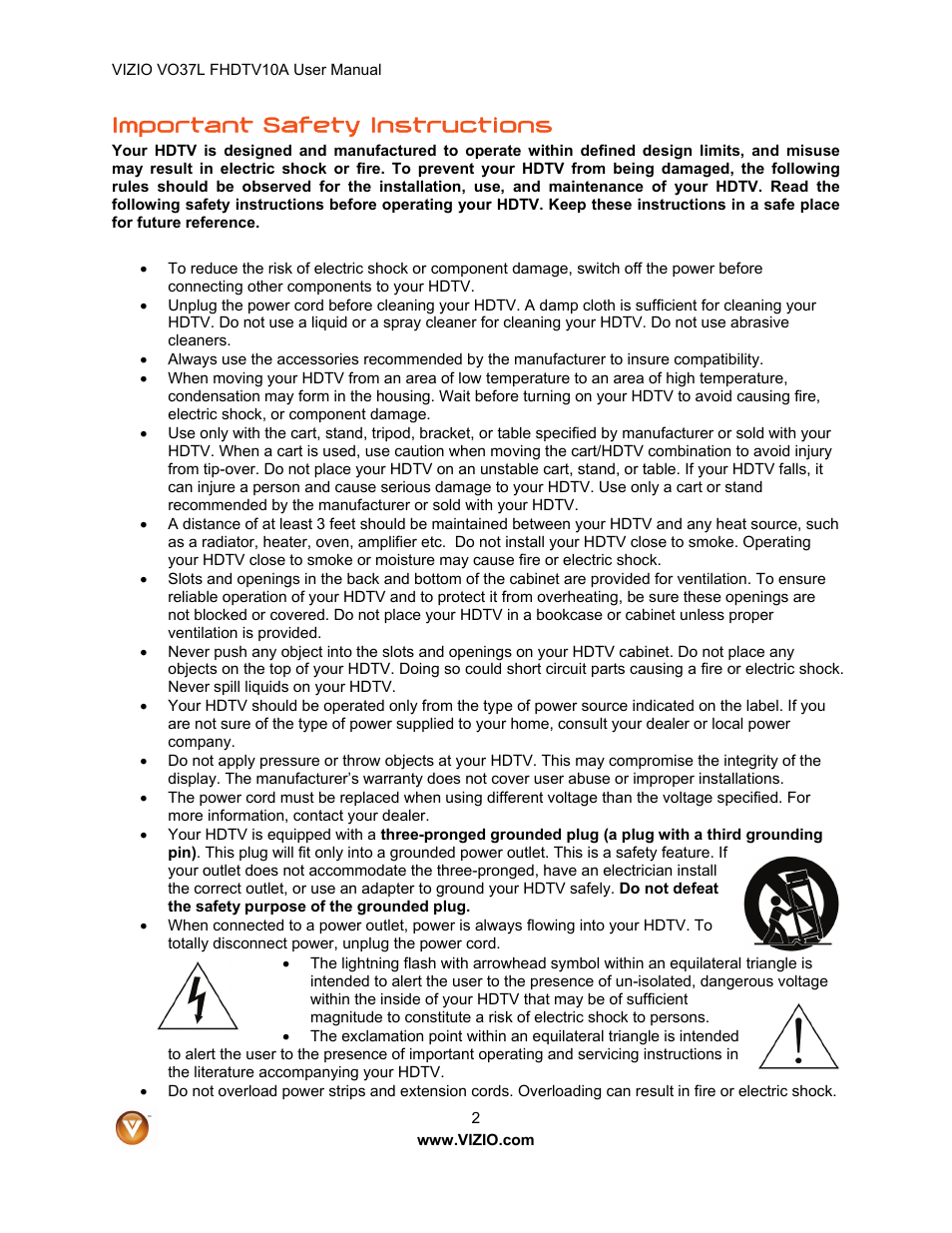 Important safety instructions | Vizio VO37L FHDTV10A User Manual | Page 2 / 80