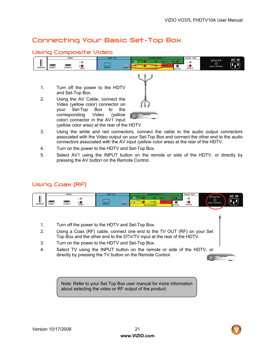 Connecting your basic set-top box | Vizio VO37L FHDTV10A User Manual | Page 21 / 80