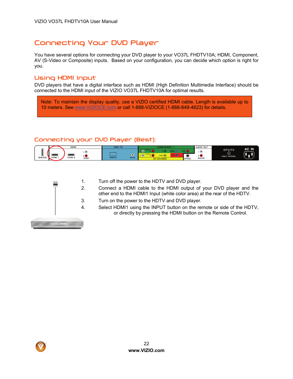 Connecting your dvd player | Vizio VO37L FHDTV10A User Manual | Page 22 / 80