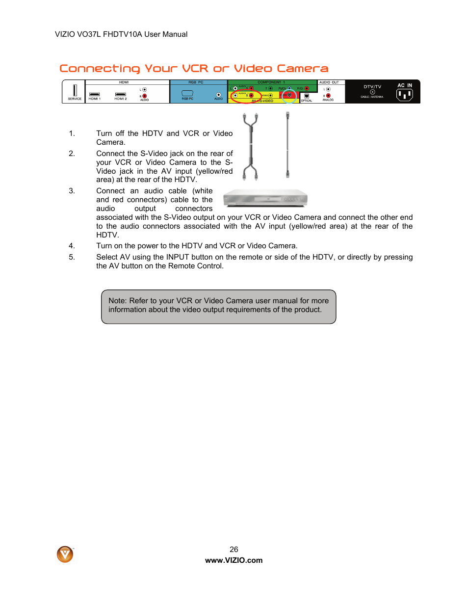 Connecting your vcr or video camera | Vizio VO37L FHDTV10A User Manual | Page 26 / 80