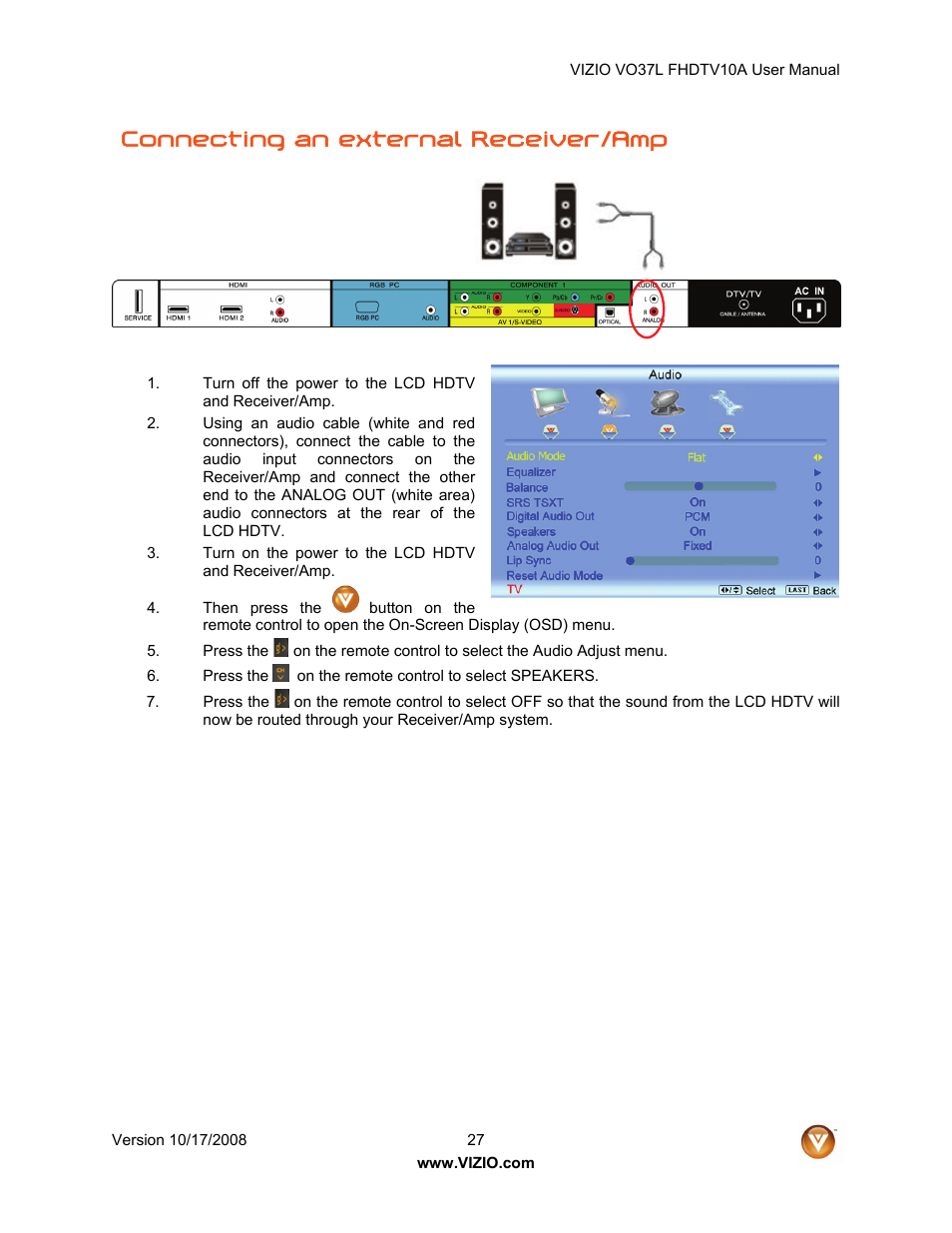 Connecting an external receiver/amp | Vizio VO37L FHDTV10A User Manual | Page 27 / 80