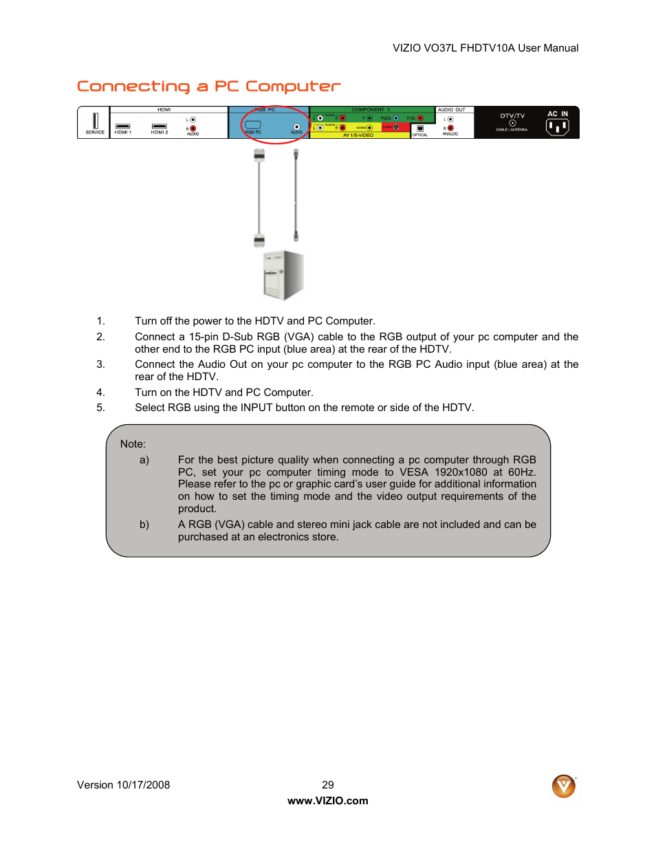 Connecting a pc computer | Vizio VO37L FHDTV10A User Manual | Page 29 / 80