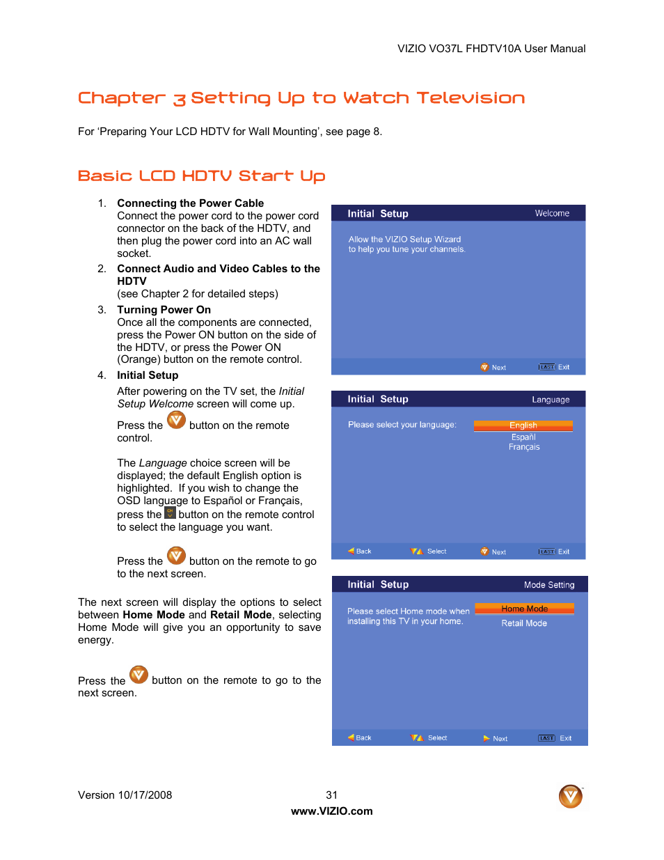 Chapter 3 setting up to watch television, Basic lcd hdtv start up | Vizio VO37L FHDTV10A User Manual | Page 31 / 80