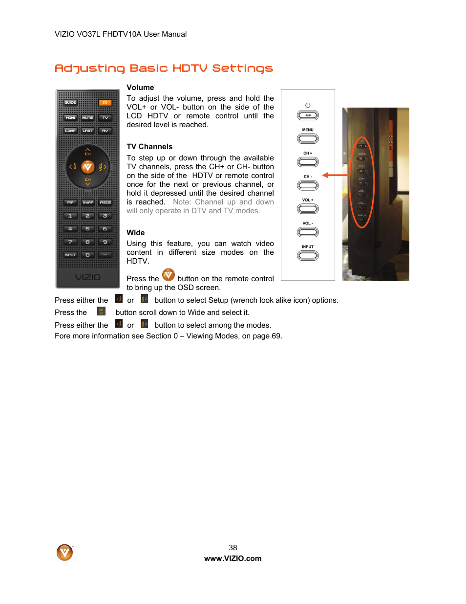 Adjusting basic hdtv settings | Vizio VO37L FHDTV10A User Manual | Page 38 / 80