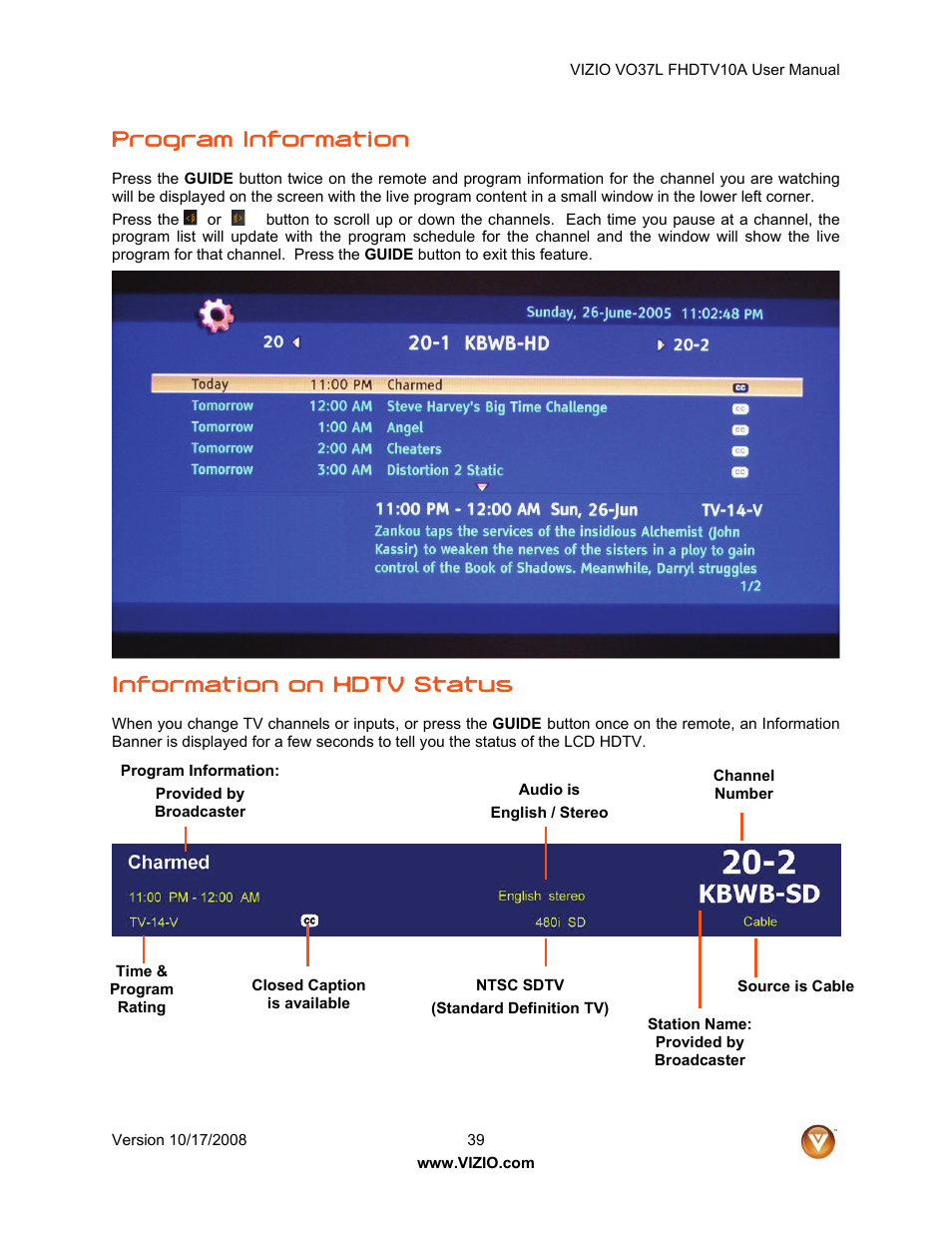 Program information, Information on hdtv status | Vizio VO37L FHDTV10A User Manual | Page 39 / 80