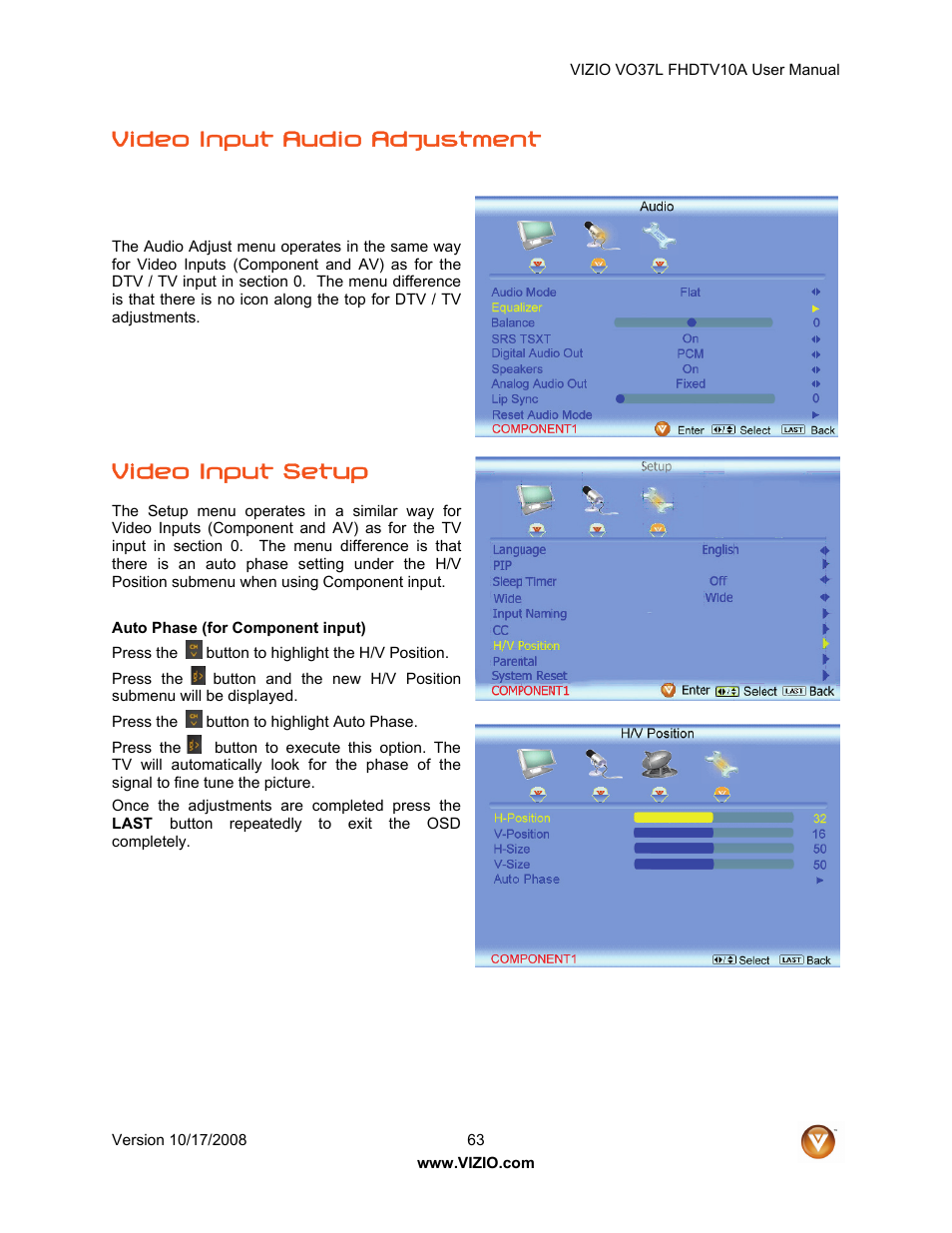 Video input audio adjustment, Video input setup | Vizio VO37L FHDTV10A User Manual | Page 63 / 80
