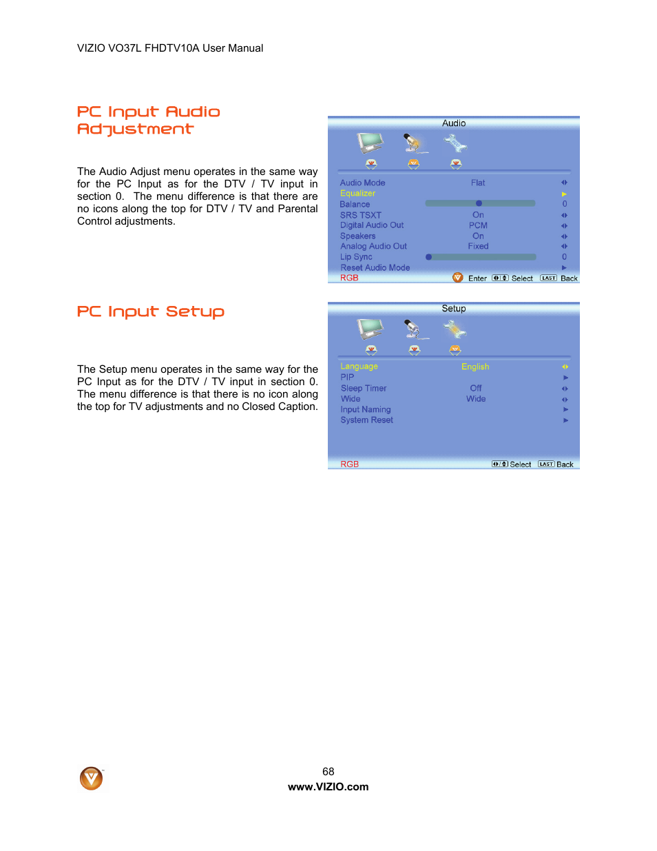 Pc input audio adjustment, Pc input setup | Vizio VO37L FHDTV10A User Manual | Page 68 / 80