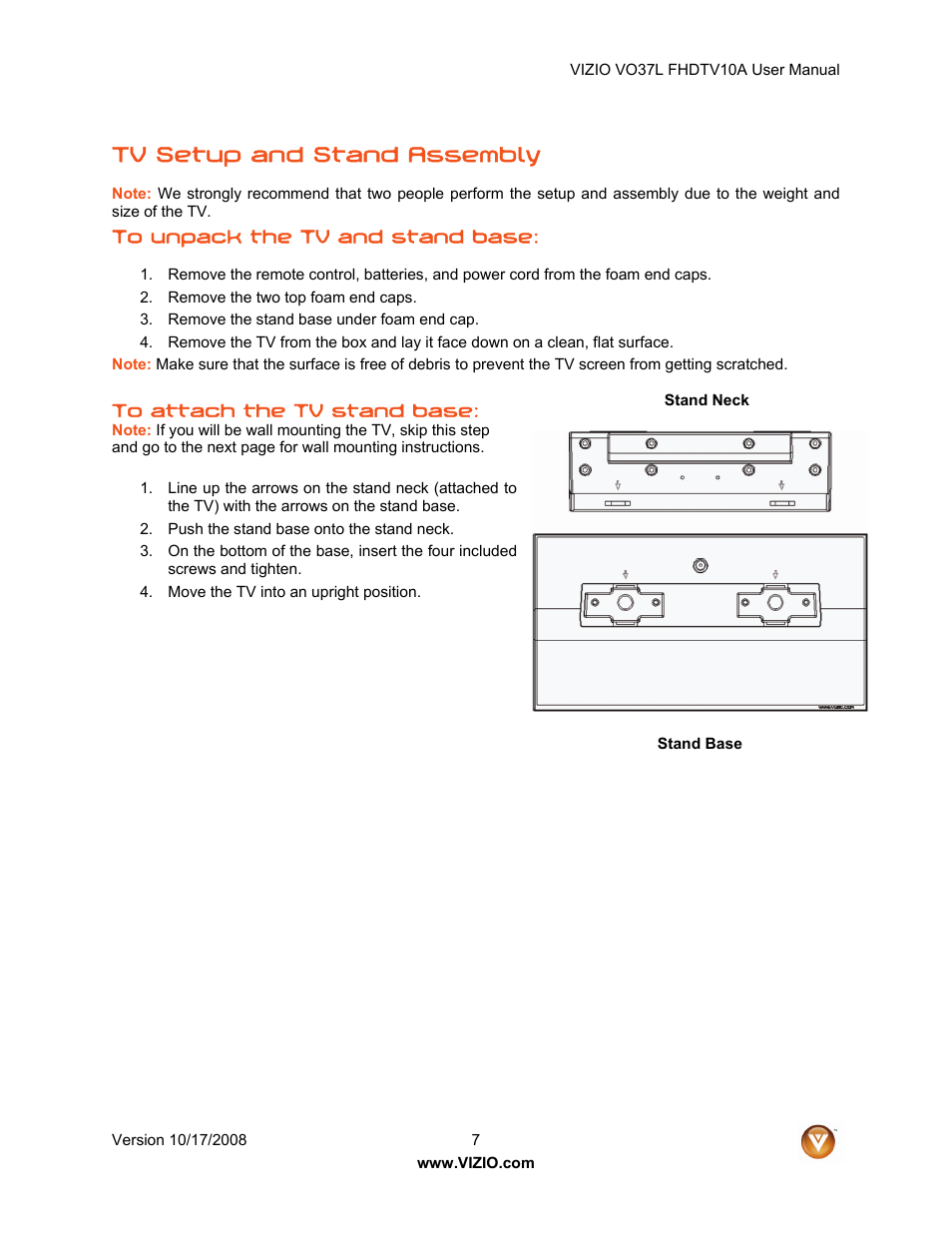 Tv setup and stand assembly | Vizio VO37L FHDTV10A User Manual | Page 7 / 80