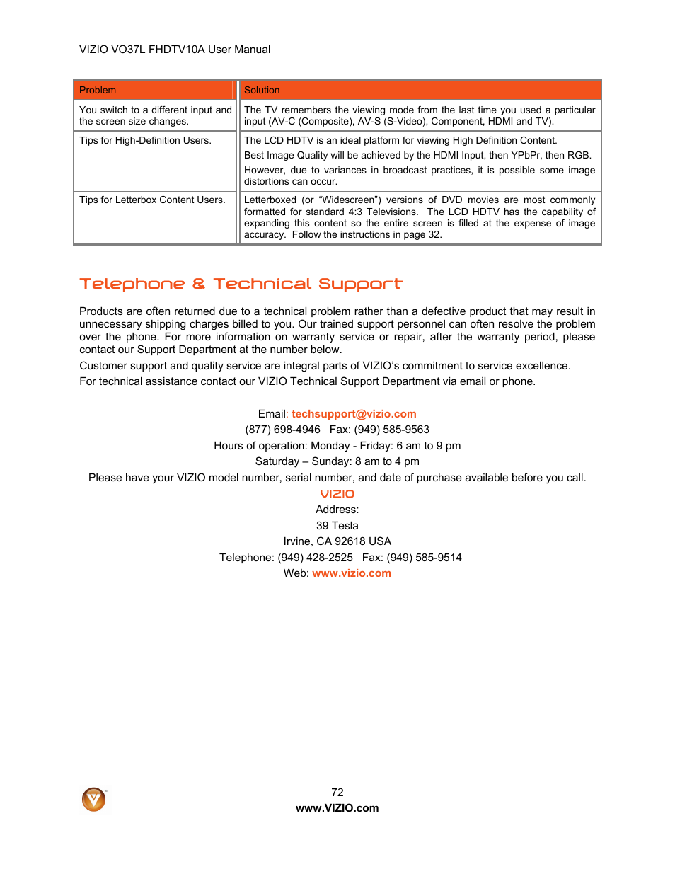 Telephone & technical support | Vizio VO37L FHDTV10A User Manual | Page 72 / 80