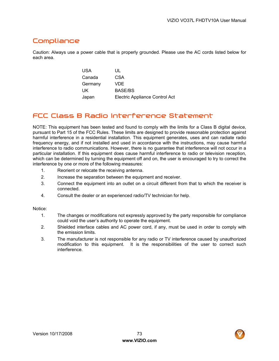 Compliance, Fcc class b radio interference statement | Vizio VO37L FHDTV10A User Manual | Page 73 / 80