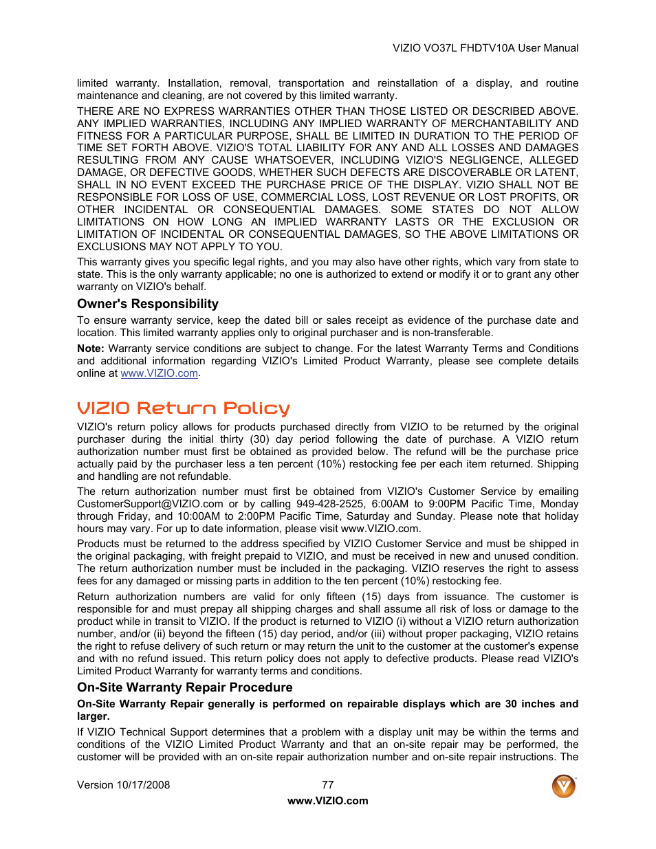 Vizio return policy | Vizio VO37L FHDTV10A User Manual | Page 77 / 80