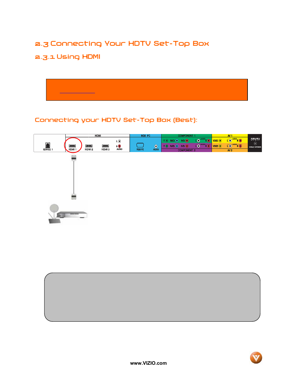 3 connecting your hdtv set-top box, 1 using hdmi | Vizio P50 HDTV20A User Manual | Page 18 / 78