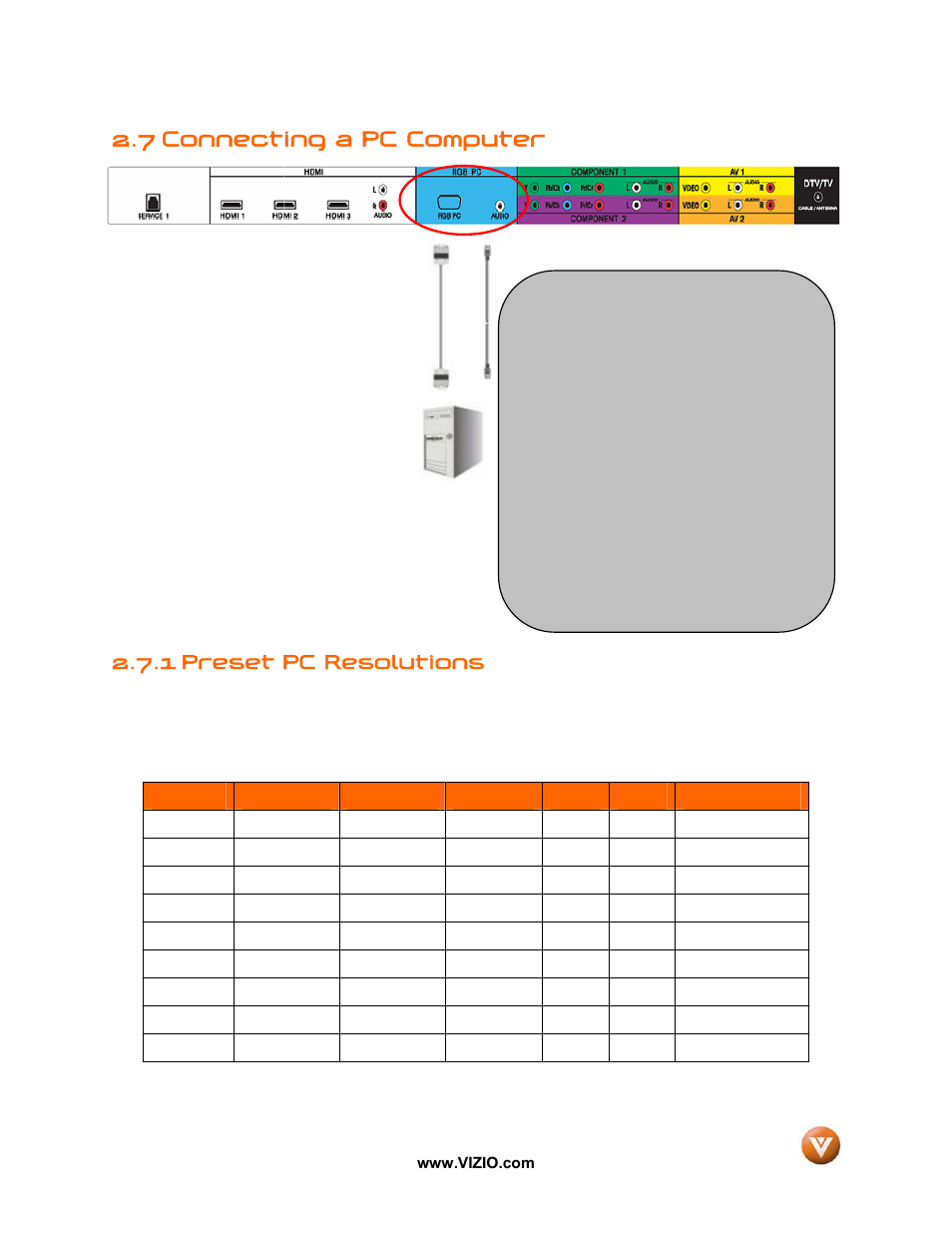 7 connecting a pc computer, 1 preset pc resolutions | Vizio P50 HDTV20A User Manual | Page 28 / 78