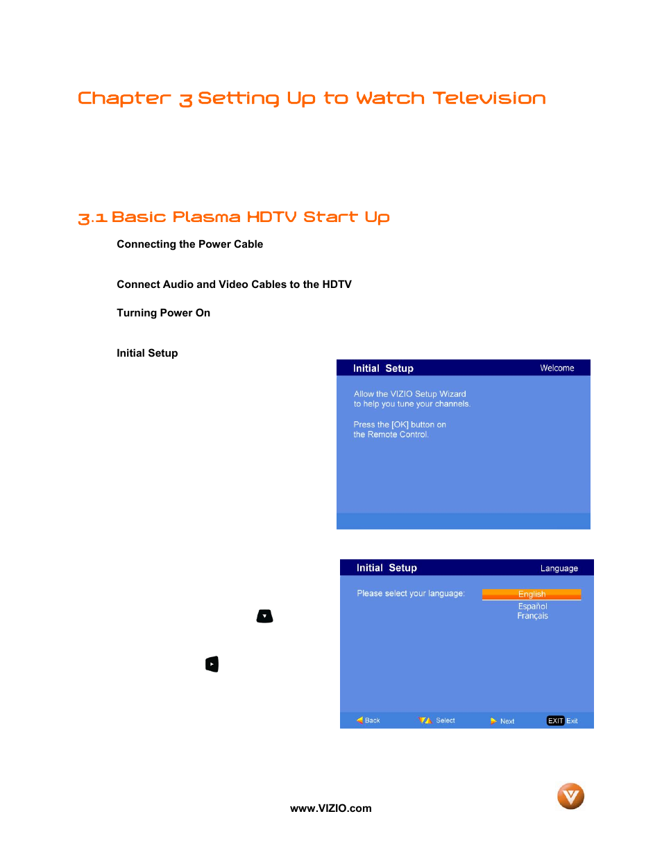 Chapter 3 setting up to watch television, 1 basic plasma hdtv start up | Vizio P50 HDTV20A User Manual | Page 29 / 78
