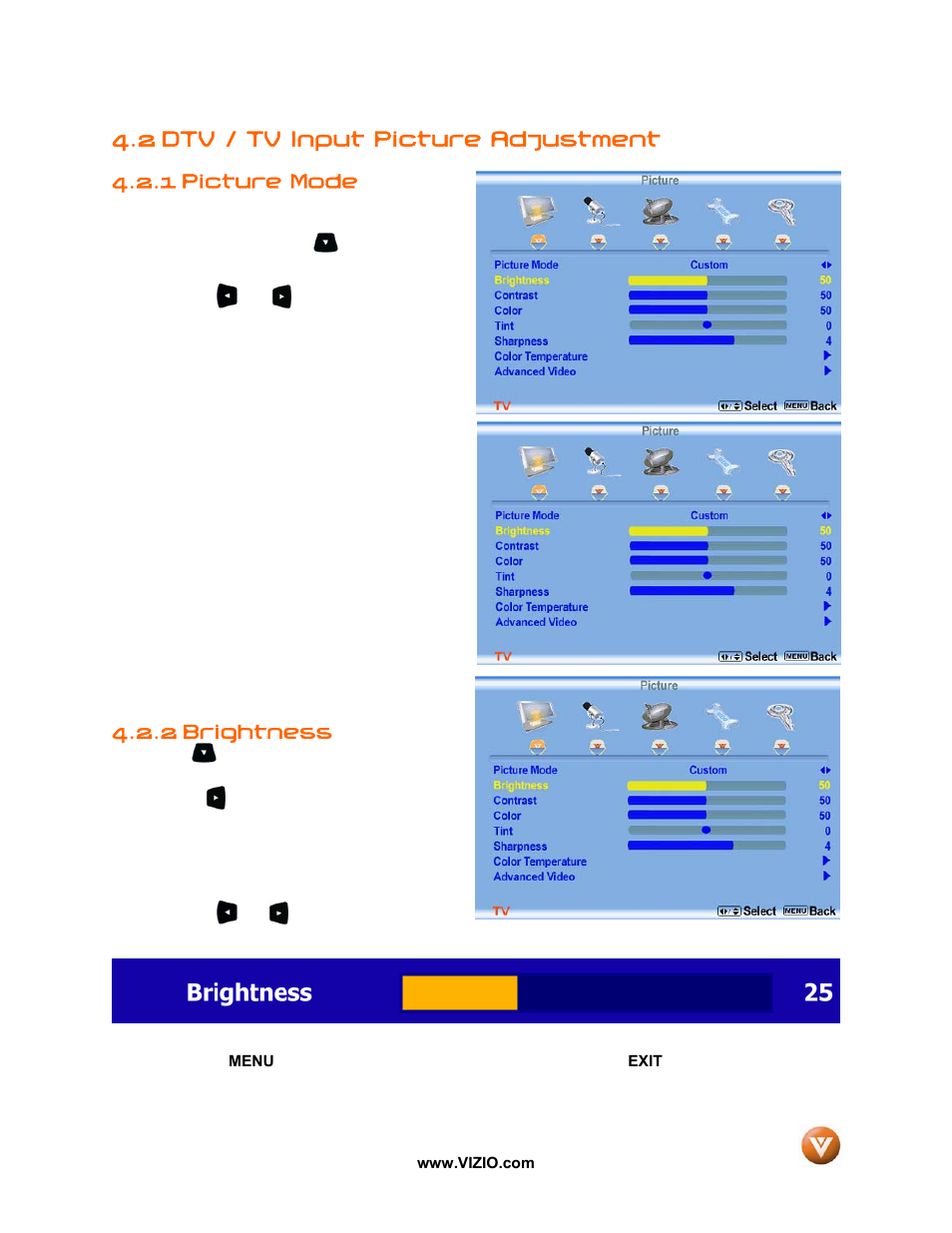 2 dtv / tv input picture adjustment, Picture mode, Brightness | 1 picture mode, 2 brightness | Vizio P50 HDTV20A User Manual | Page 37 / 78
