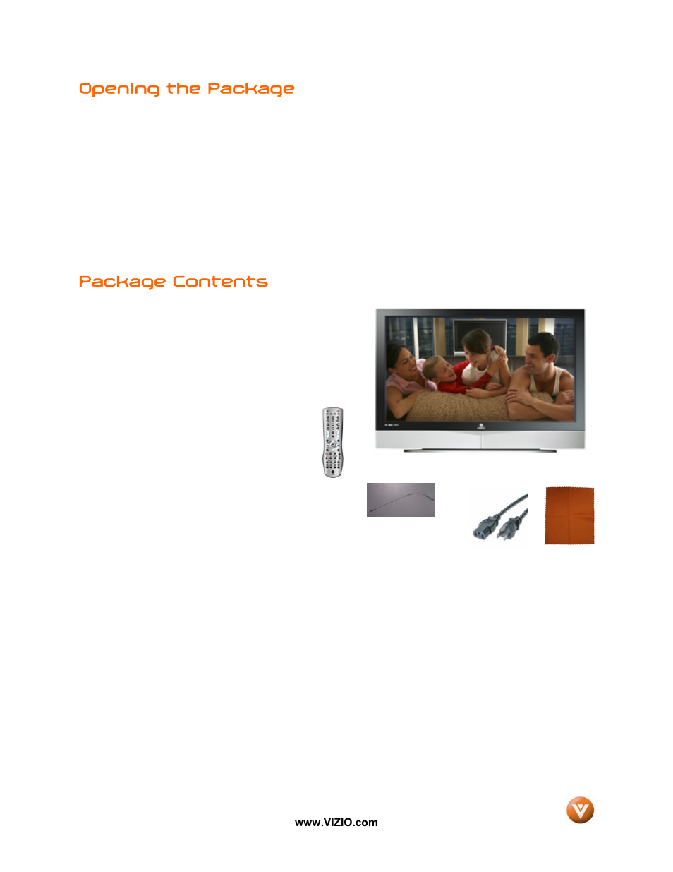 Opening the package, Package contents | Vizio P50 HDTV20A User Manual | Page 4 / 78