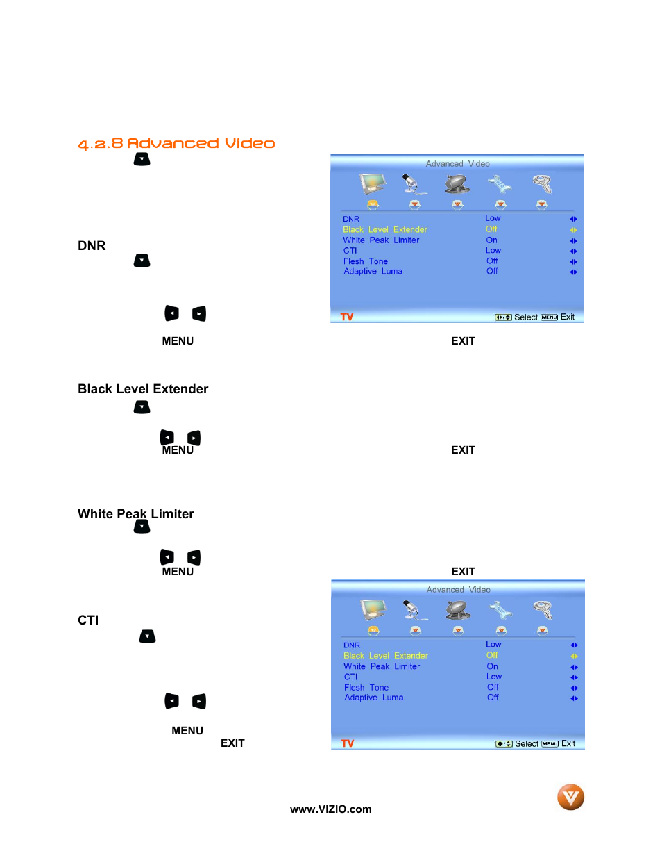 Advanced video, Black level extender, White peak limiter | 8 advanced video | Vizio P50 HDTV20A User Manual | Page 40 / 78