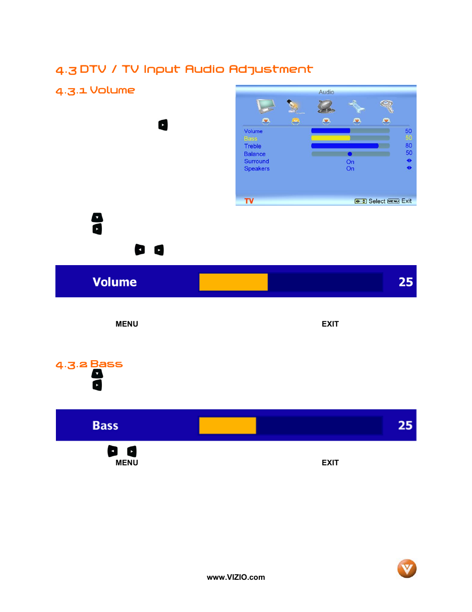 3 dtv / tv input audio adjustment, Volume, Bass | 1 volume, 2 bass | Vizio P50 HDTV20A User Manual | Page 42 / 78