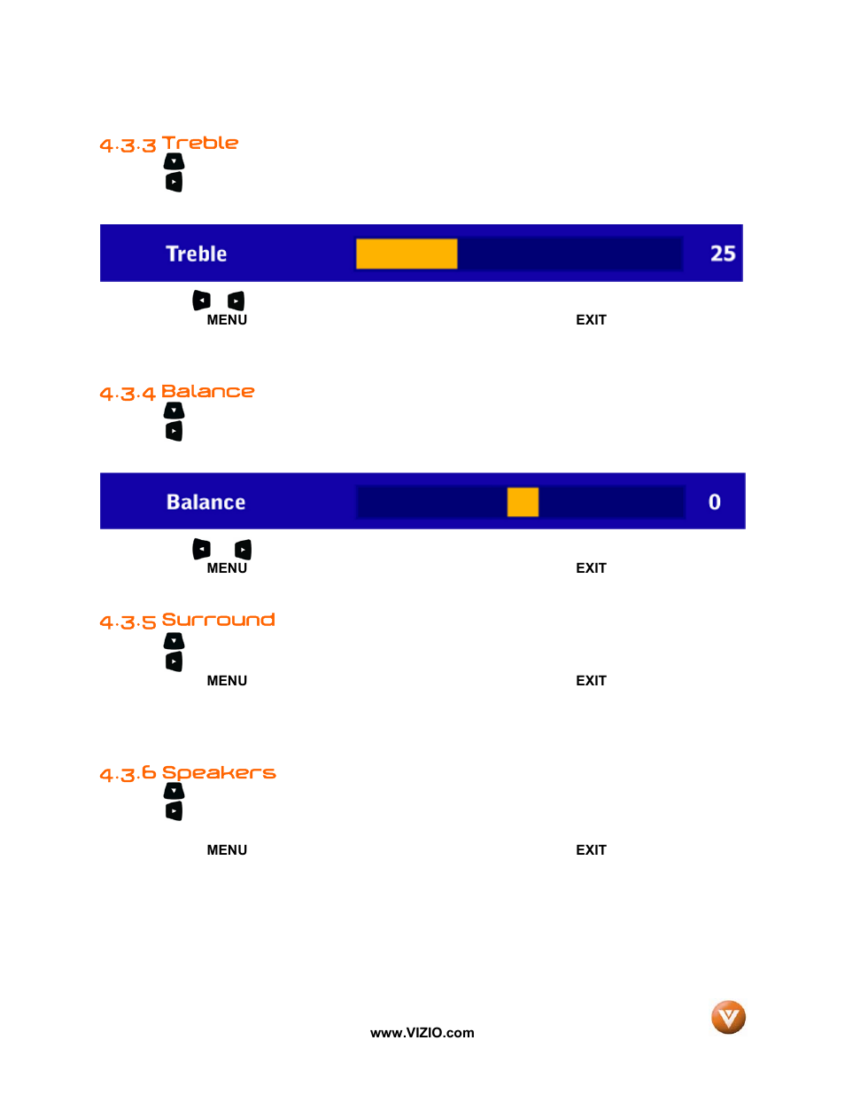 Treble, Balance, Surround | Speakers, 3 treble, 4 balance, 5 surround, 6 speakers | Vizio P50 HDTV20A User Manual | Page 43 / 78