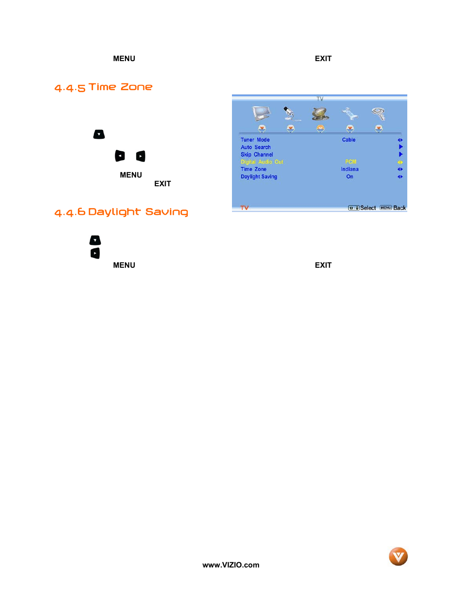 5 time zone, 6 daylight saving | Vizio P50 HDTV20A User Manual | Page 45 / 78