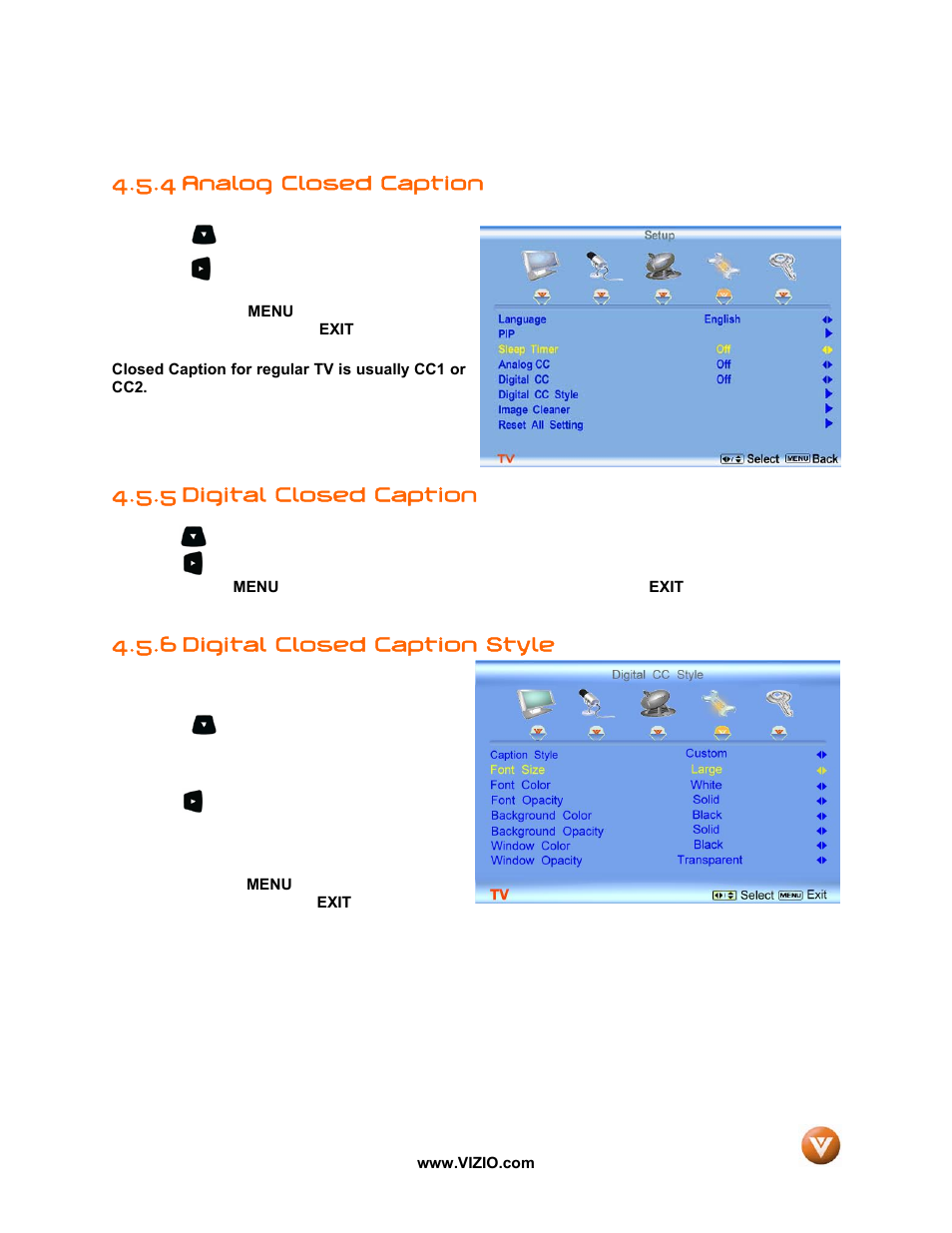 4 analog closed caption, 5 digital closed caption, Digital closed caption style | 6 digital closed caption style | Vizio P50 HDTV20A User Manual | Page 47 / 78