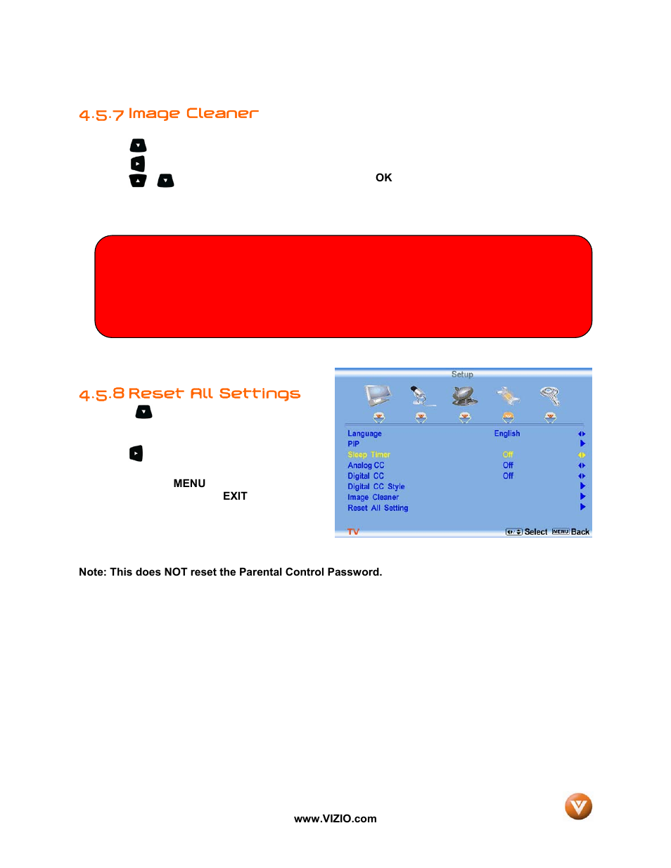 7 image cleaner, 8 reset all settings | Vizio P50 HDTV20A User Manual | Page 48 / 78