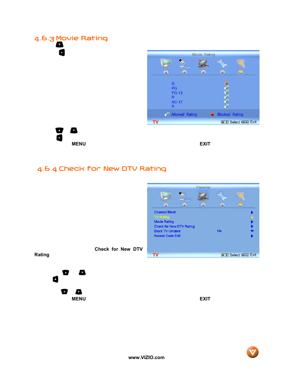 Movie rating, 4 check for new dtv rating, 3 movie rating | Vizio P50 HDTV20A User Manual | Page 51 / 78
