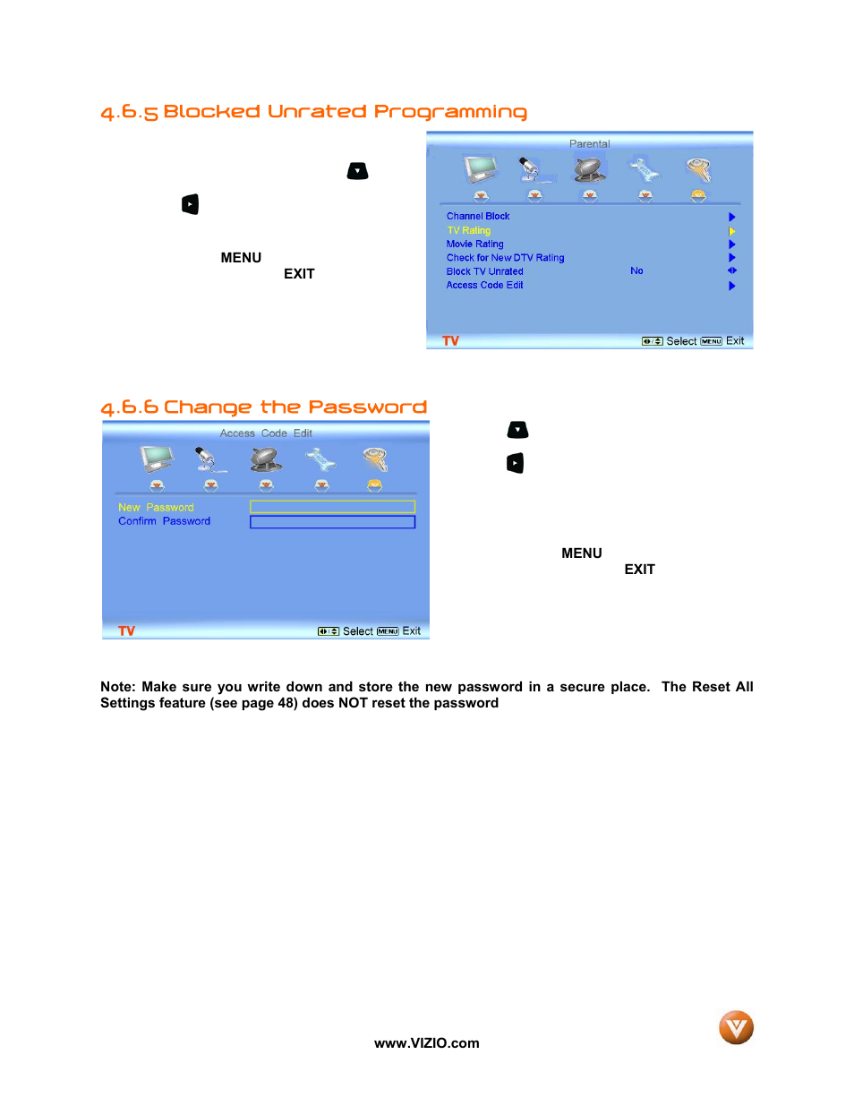 5 blocked unrated programming, Change the password, 4 blocked unrated programming | 5 change the password, 6 change the password | Vizio P50 HDTV20A User Manual | Page 52 / 78