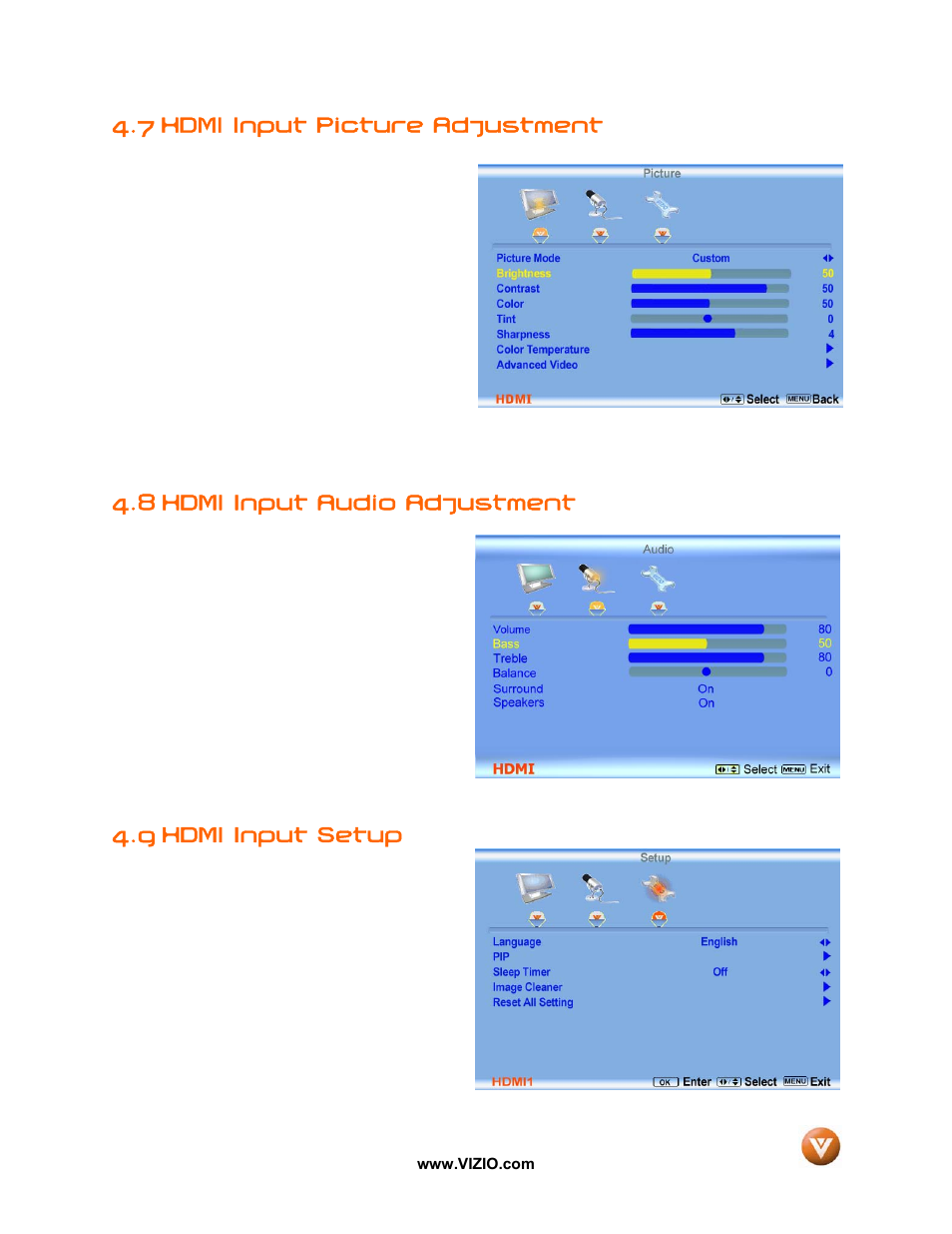 7 hdmi input picture adjustment, 8 hdmi input audio adjustment, Hdmi input setup | 9 hdmi input setup | Vizio P50 HDTV20A User Manual | Page 53 / 78