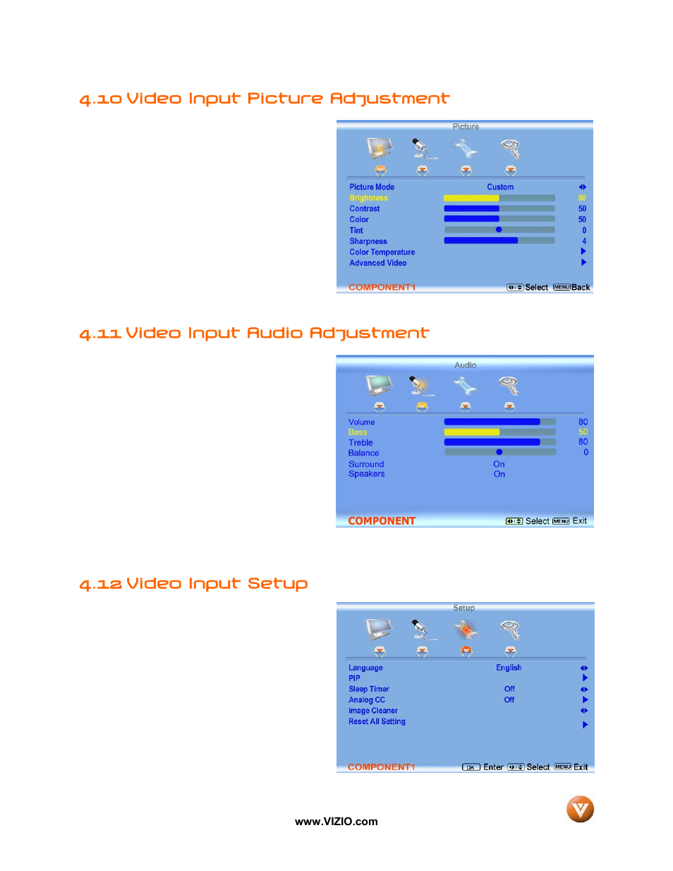10 video input picture adjustment, 11 video input audio adjustment, Video input setup | 12 video input setup | Vizio P50 HDTV20A User Manual | Page 54 / 78