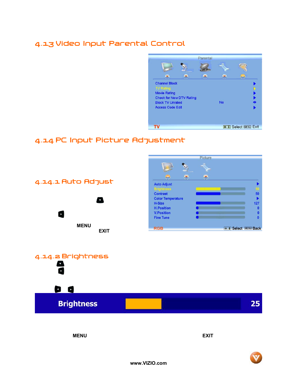 13 video input parental control, 14 pc input picture adjustment, 1 auto adjust | Brightness, 2 brightness | Vizio P50 HDTV20A User Manual | Page 55 / 78