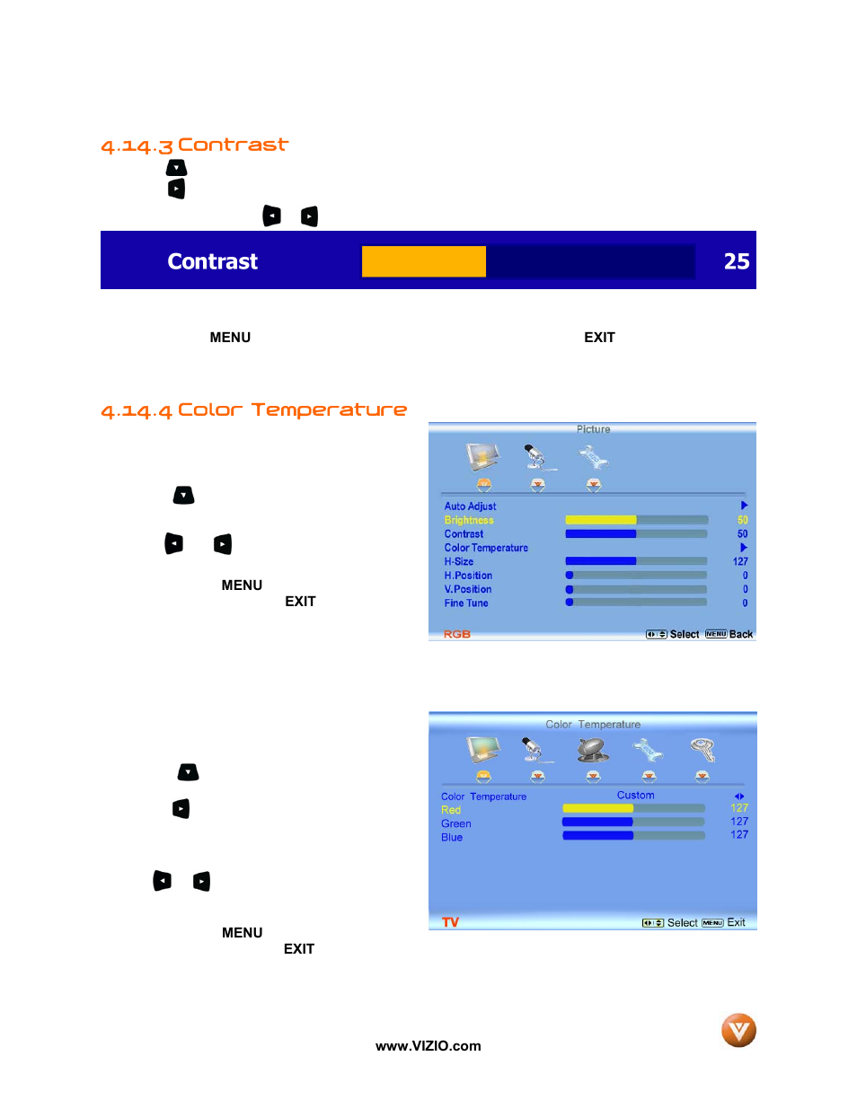 3 contrast, Color temperature, 4 color temperature | Vizio P50 HDTV20A User Manual | Page 56 / 78
