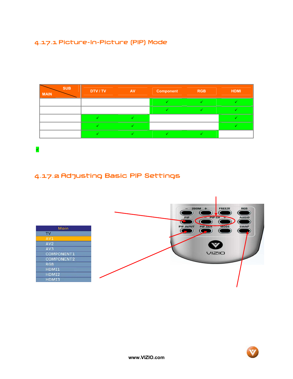 1 picture-in-picture (pip) mode, 2 adjusting basic pip settings | Vizio P50 HDTV20A User Manual | Page 60 / 78