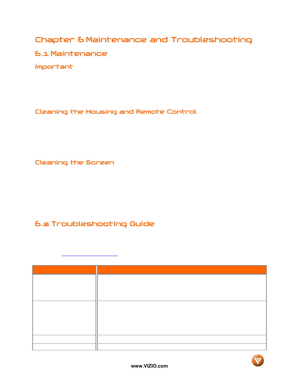 Chapter 6 maintenance and troubleshooting, 1 maintenance, 2 troubleshooting guide | Vizio P50 HDTV20A User Manual | Page 63 / 78