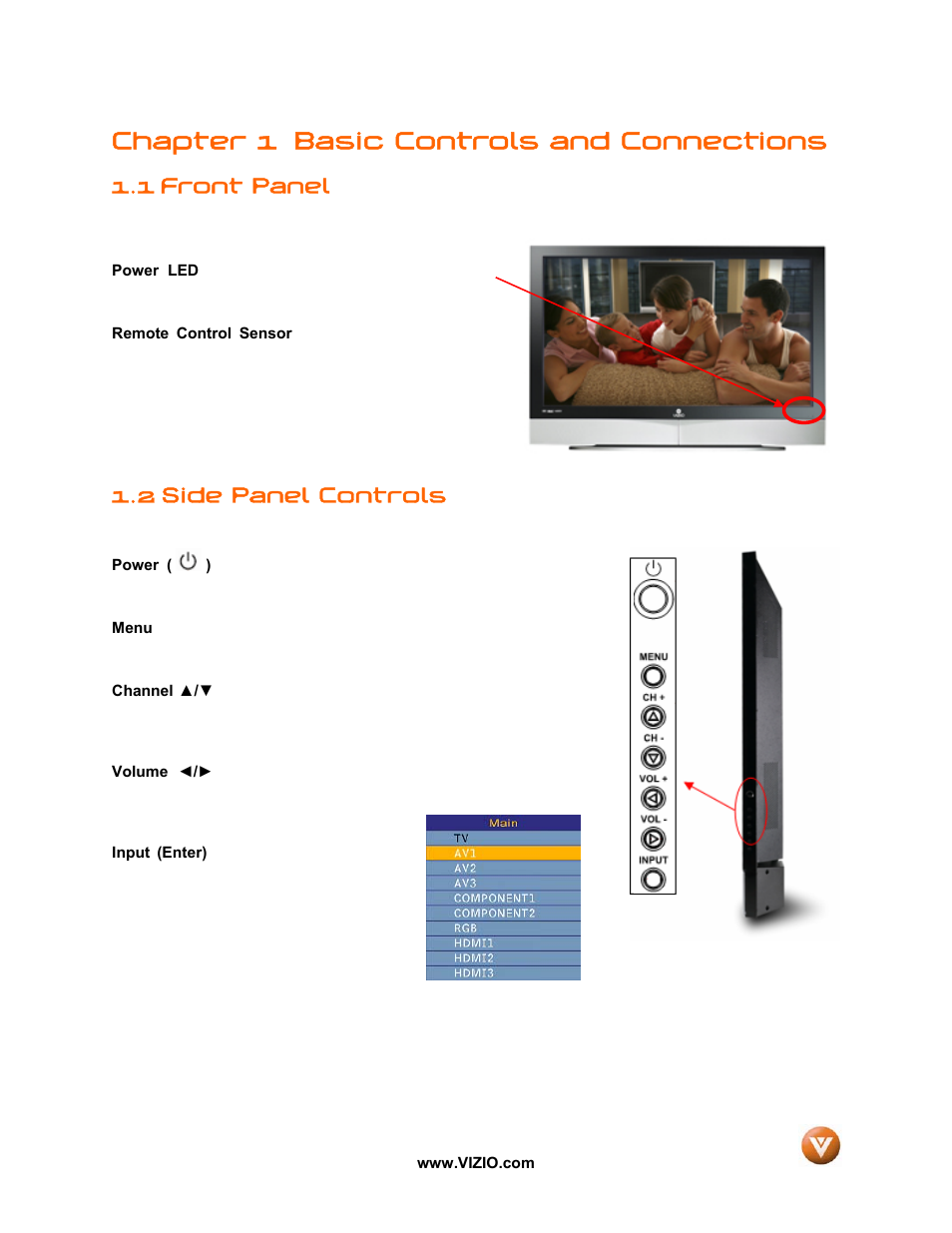 Chapter 1 basic controls and connections, 1 front panel, 2 side panel controls | Vizio P50 HDTV20A User Manual | Page 9 / 78