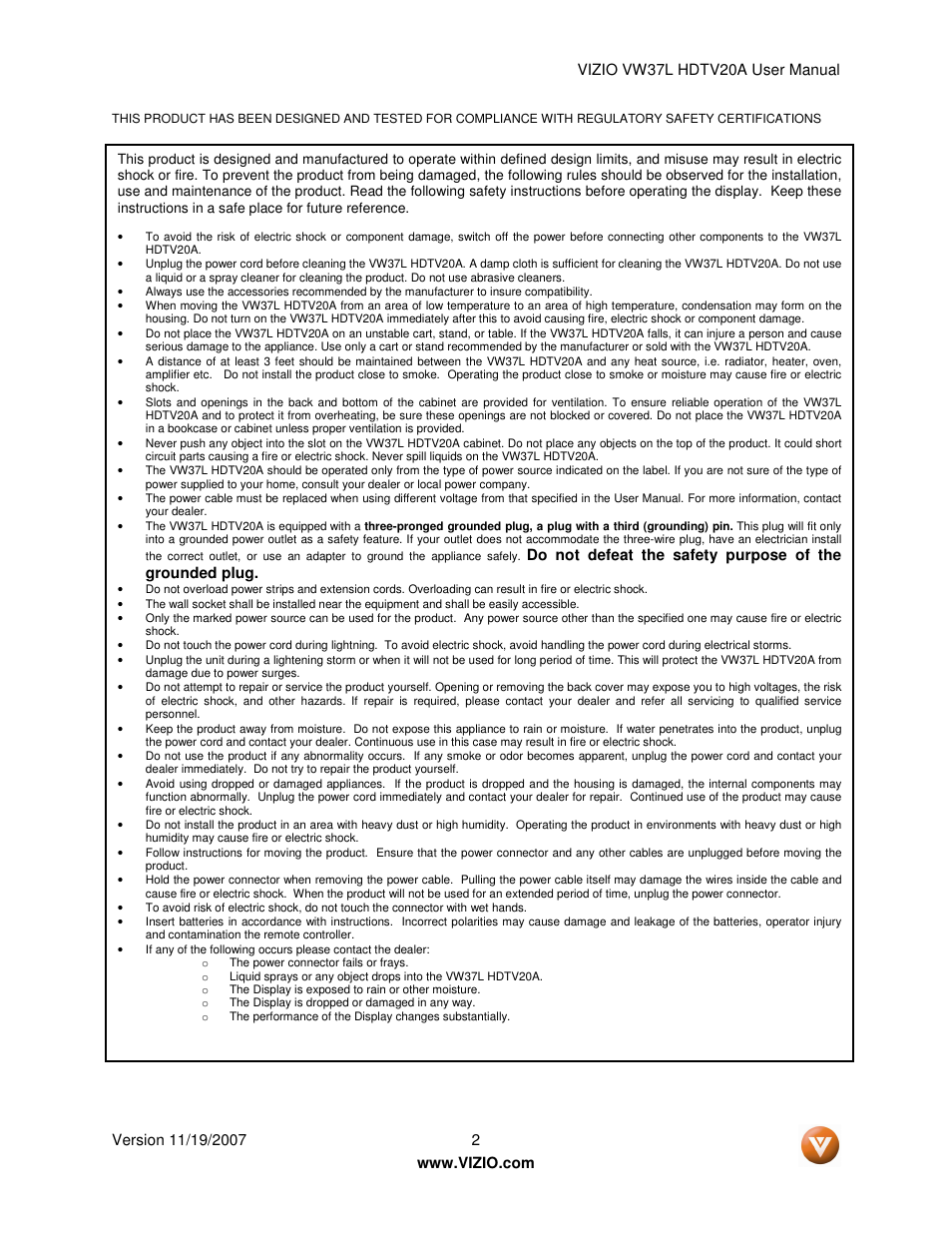 Vizio VW37L HDTV20A User Manual | Page 2 / 70