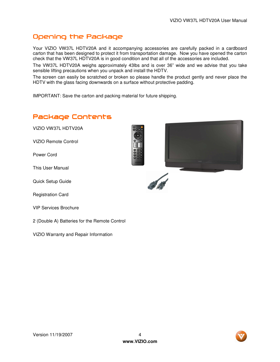 Vizio VW37L HDTV20A User Manual | Page 4 / 70