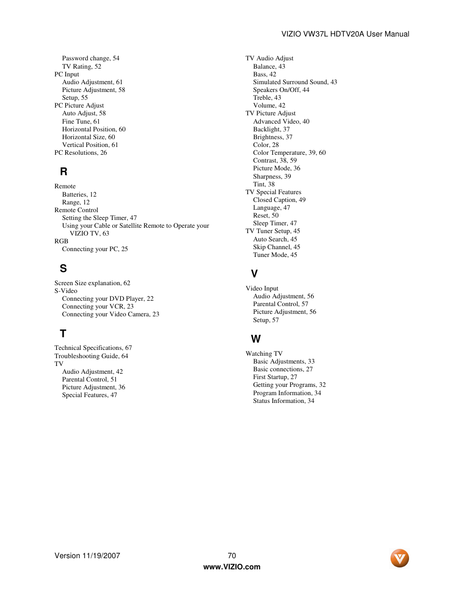 Vizio VW37L HDTV20A User Manual | Page 70 / 70
