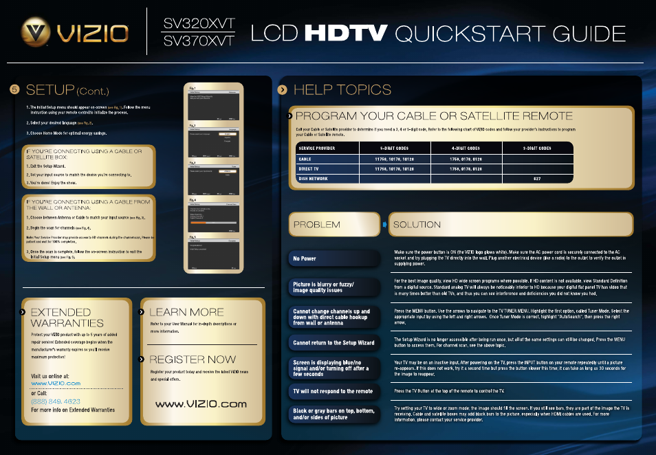 Program your cable or satellite remote, 9 extended warranties, B learn more | T) register now, Lcd quickstart guide, Setup, Help topics, Extended warranties, Cont.), Problem | Vizio SV320XVT User Manual | Page 2 / 2