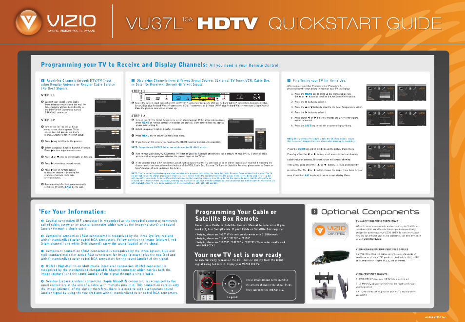 J\z\o, Quickstart guide, Step 1.1 | Step 1.2, Step 2.1, Step 2.2, For your information, Programming your cable or satellite box remote, Your new tv set is now ready, Yizio | Vizio VU37L10A User Manual | Page 2 / 2