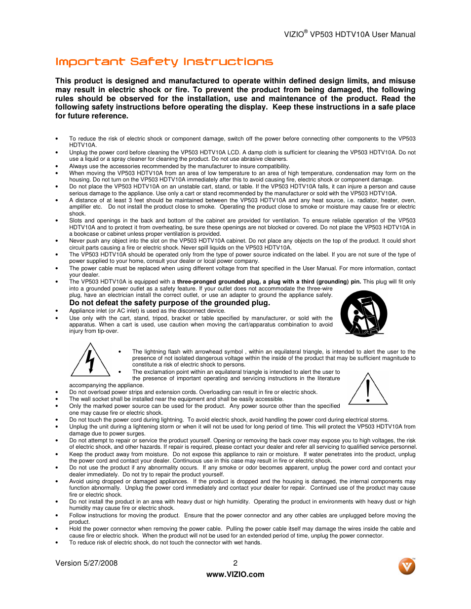 Important safety instructions | Vizio VP503 User Manual | Page 2 / 80
