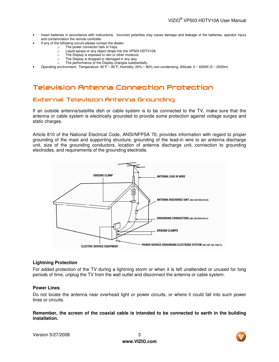 Television antenna connection protection, External television antenna | Vizio VP503 User Manual | Page 3 / 80