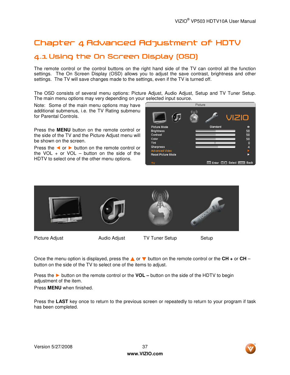 Chapter 4 | Vizio VP503 User Manual | Page 37 / 80