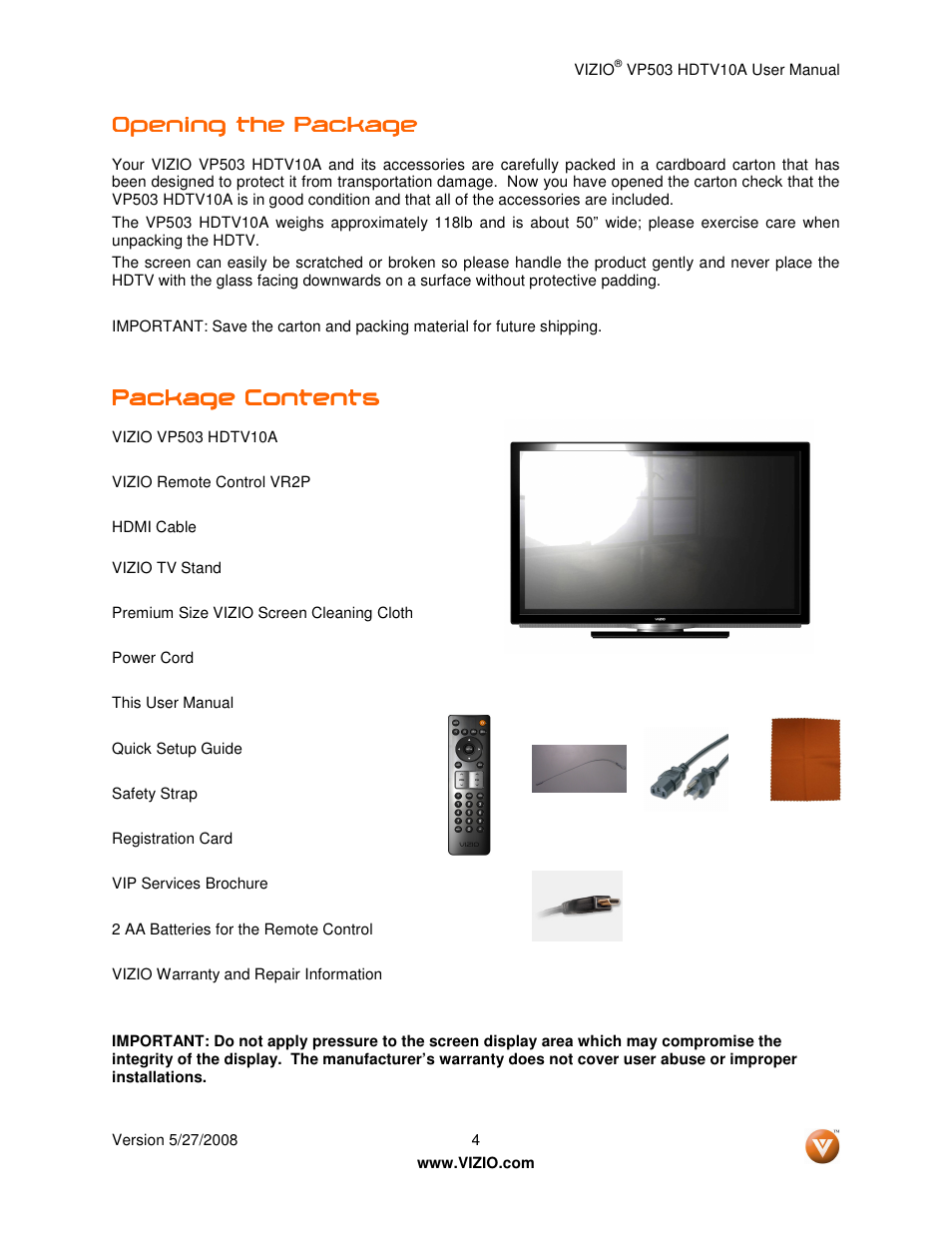 Opening the pac, Opening the pac opening the package kage kage kage, Package contents | Vizio VP503 User Manual | Page 4 / 80