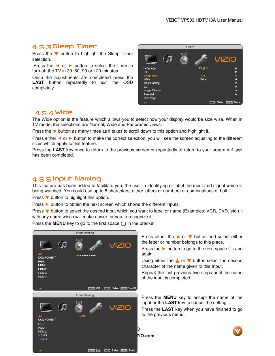 3 sleep timer sleep timer sleep timer sleep timer, 4 wide wide wide wide | Vizio VP503 User Manual | Page 50 / 80