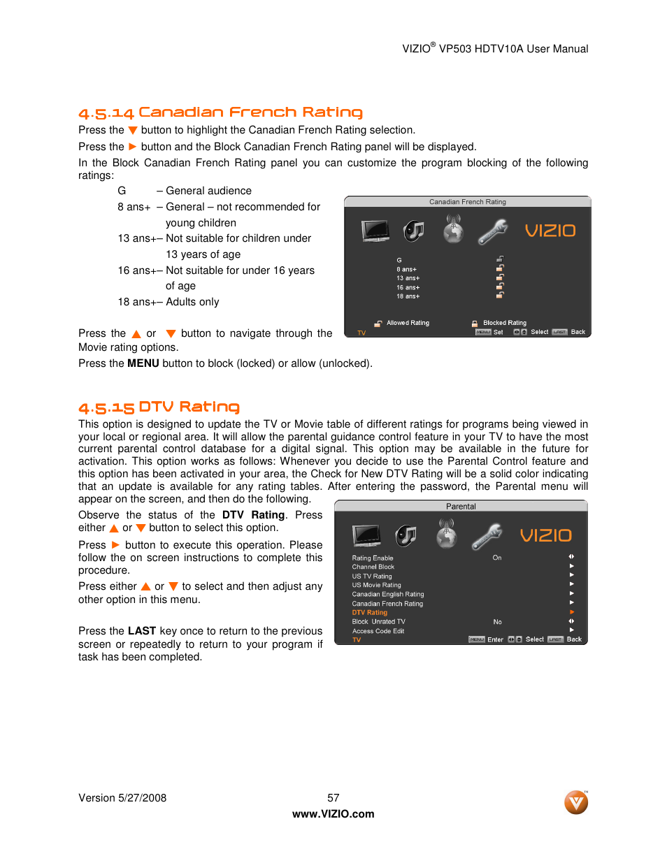 15 dtv rating dtv rating dtv rating dtv rating | Vizio VP503 User Manual | Page 57 / 80