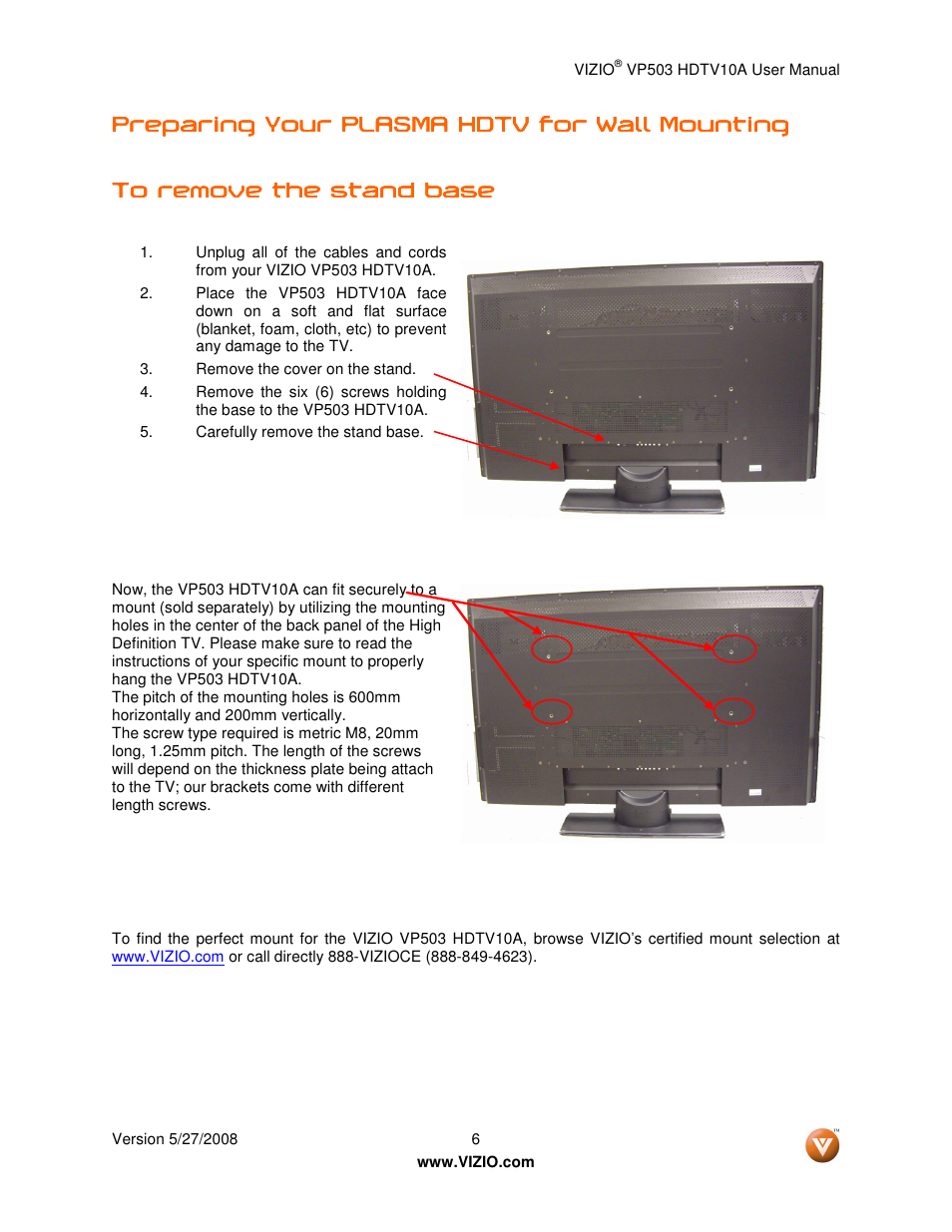 Preparing your plasma hdtv for wall mounting | Vizio VP503 User Manual | Page 6 / 80