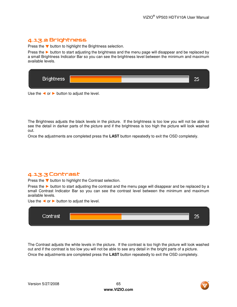2 brightness brightness brightness brightness, 3 contrast contrast contrast contrast | Vizio VP503 User Manual | Page 65 / 80