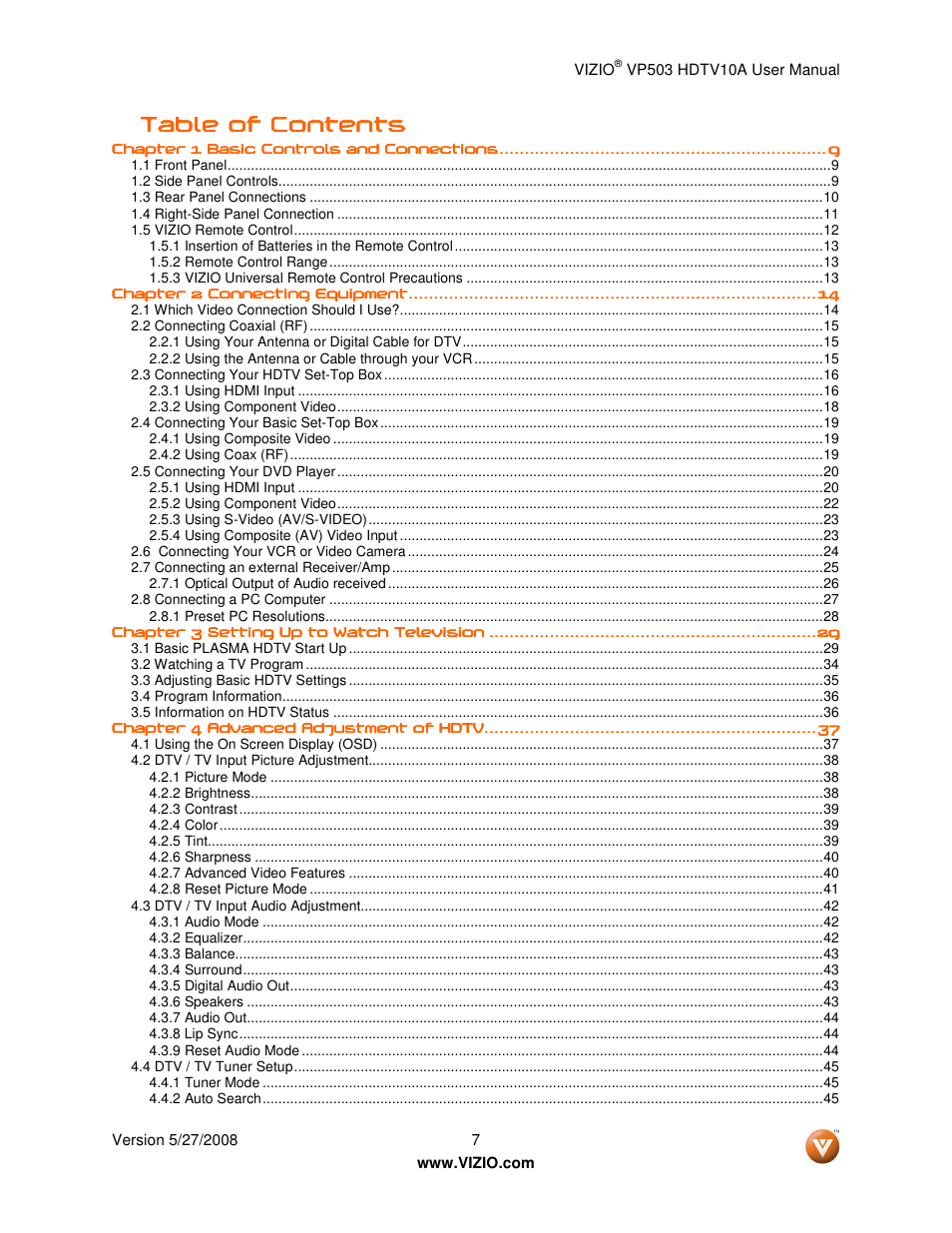 Vizio VP503 User Manual | Page 7 / 80
