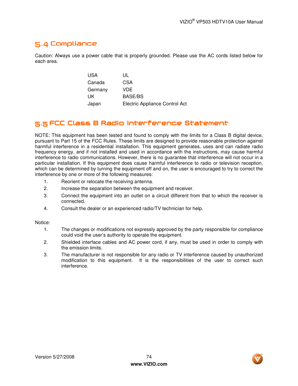 Compliance | Vizio VP503 User Manual | Page 74 / 80
